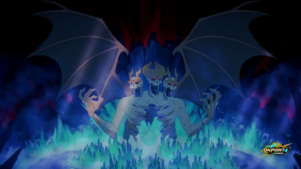 A giant winged demon looms over a field of glowing blue-green crystals in 33 Immortals