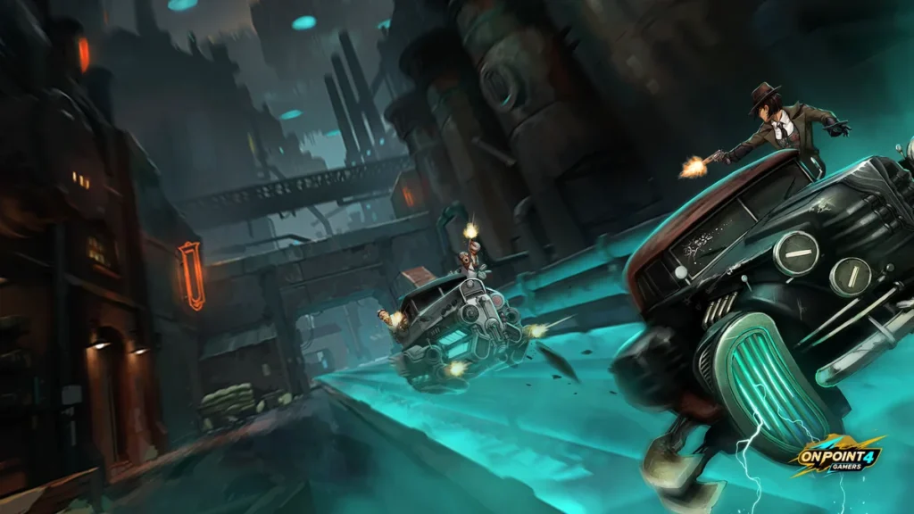Gia Randazzo leans out of her speeding 1930s car firing a pistol at pursuers through the glowing streets of floating New York in Aether & Iron
