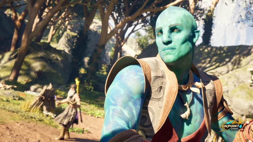 A blue-skinned Aumaua companion turns toward the camera in a sunlit forest as the envoy stands behind him in Avowed