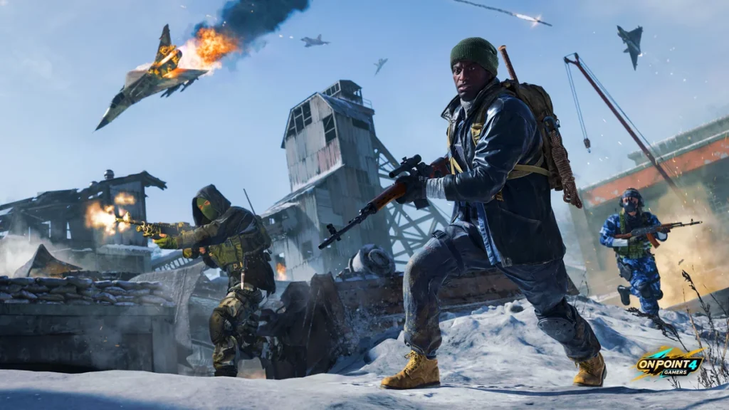 Soldiers fight across a snowy base as a jet goes down in flames in Call of Duty: Black Ops 6