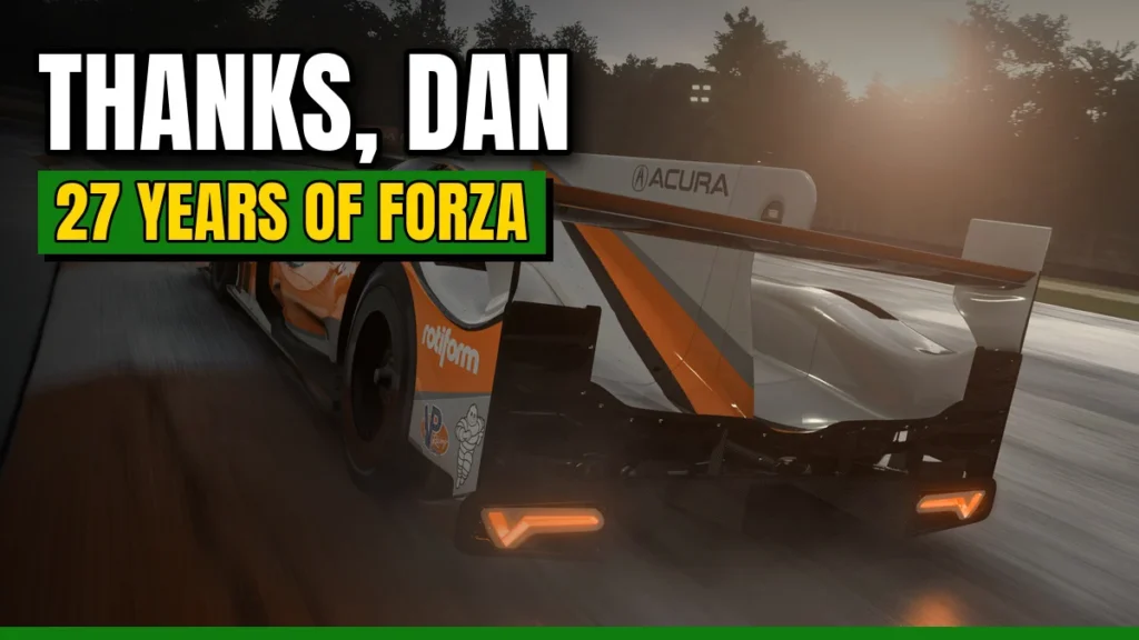 An Acura prototype race car speeding down a wet track at sunset in Forza Motorsport, with the text Thanks, Dan and 27 Years of Forza
