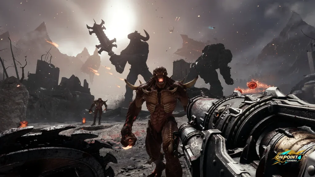 First-person view of a massive gun aimed at a horned demon and hulking enemies on a scorched battlefield in Doom: The Dark Ages