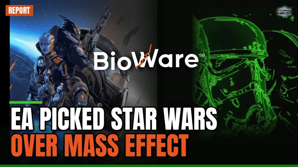 Mass Effect Legendary Edition key art fading to gray on the left, a Star Wars Battlefront stormtrooper with a green rim light on the right, a cracked BioWare wordmark in the middle, the text EA PICKED STAR WARS OVER MASS EFFECT, and a small REPORT tag