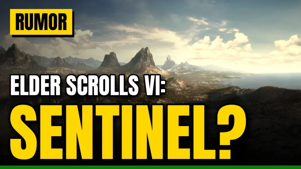 A wide coastal mountain landscape from Bethesda's 2018 The Elder Scrolls VI teaser, with a yellow RUMOR label and the text Elder Scrolls VI: Sentinel?