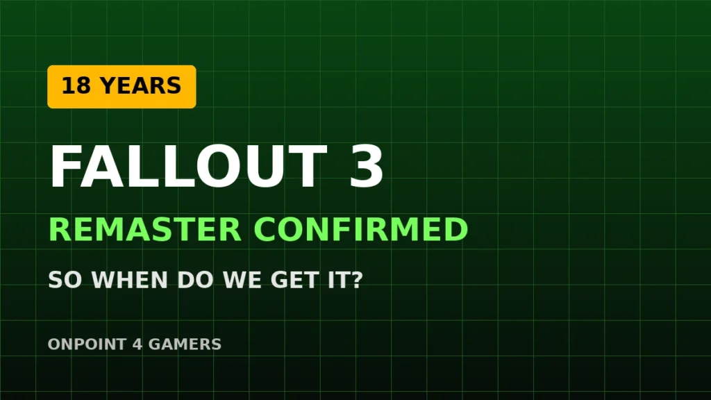 18 YEARS label over the words Fallout 3 remaster confirmed, so when do we get it, on a green grid background