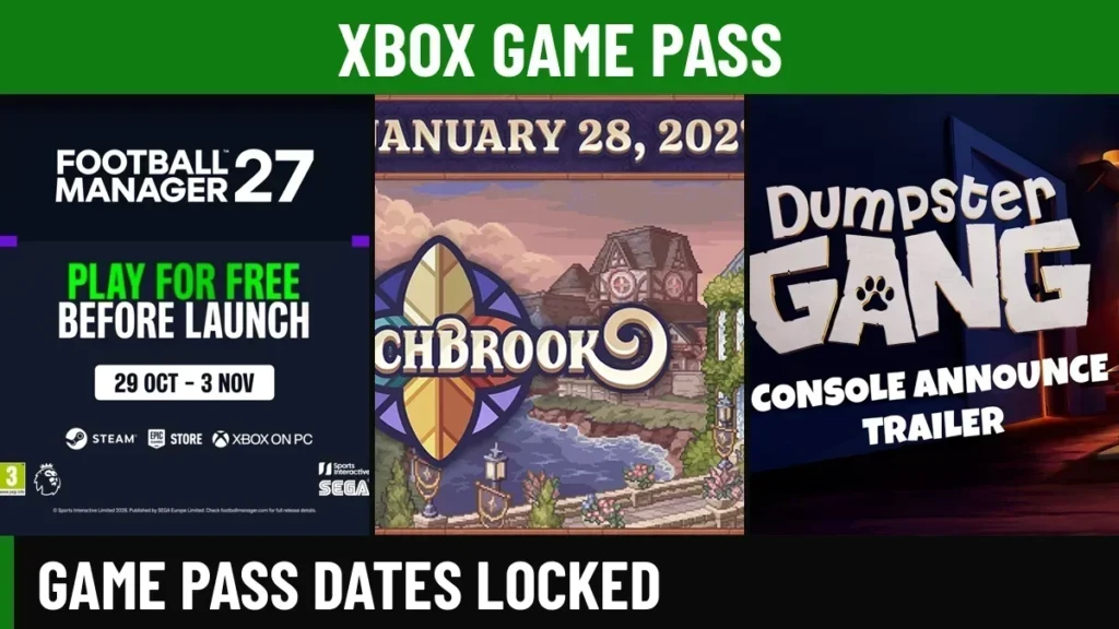 Collage of Football Manager 27, Witchbrook and Dumpster Gang art under an Xbox Game Pass banner