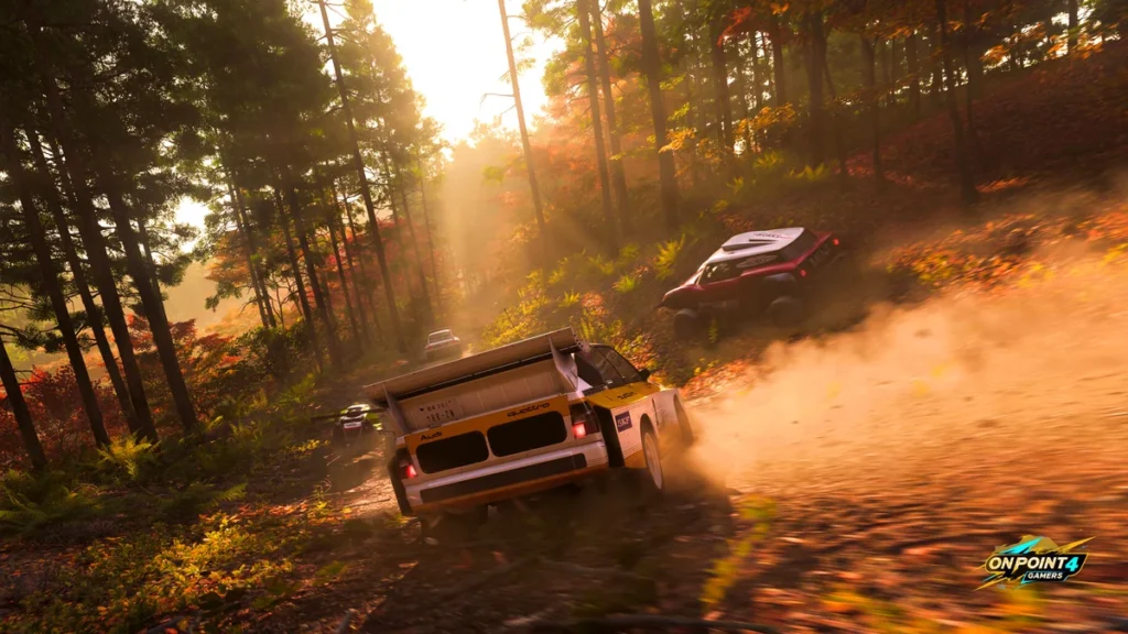 A boxy rally car kicks up dust on a sunlit forest dirt road in Japan in Forza Horizon 6