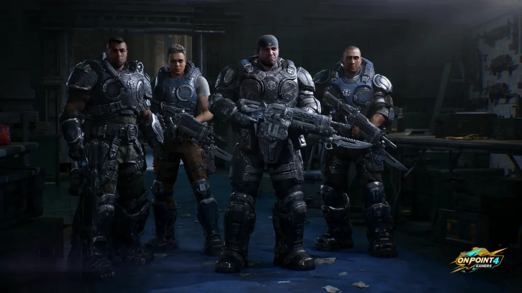 Marcus Fenix, Dom Santiago and two Bravo Squad soldiers in armor stand together in a dark hangar in Gears of War: E-Day