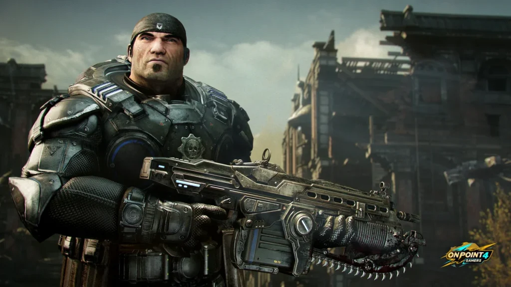 Marcus Fenix in his do-rag and armor holds a Lancer with its chainsaw bayonet in front of ruined buildings in Gears of War: Reloaded