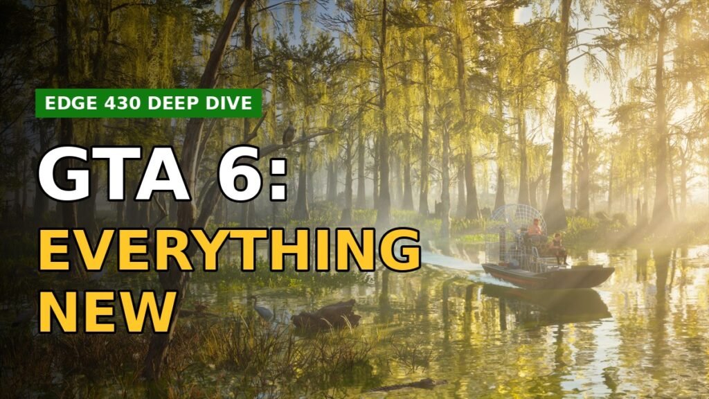 GTA 6 airboat gliding through a sunlit Leonida swamp with the text GTA 6: Everything New