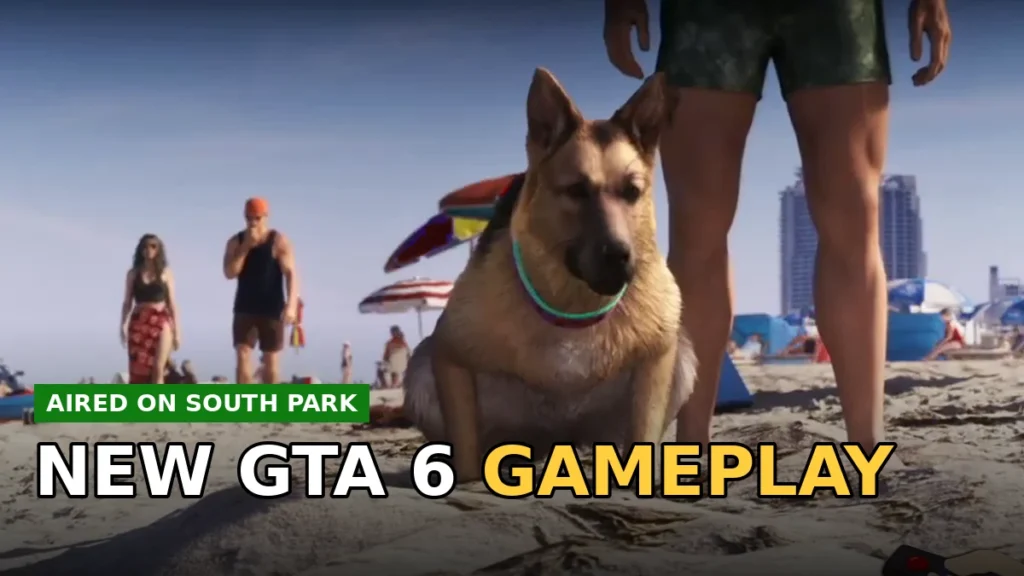Jason and Lucia walk a crowded Vice City beach behind a German Shepherd in new GTA 6 gameplay shown on South Park