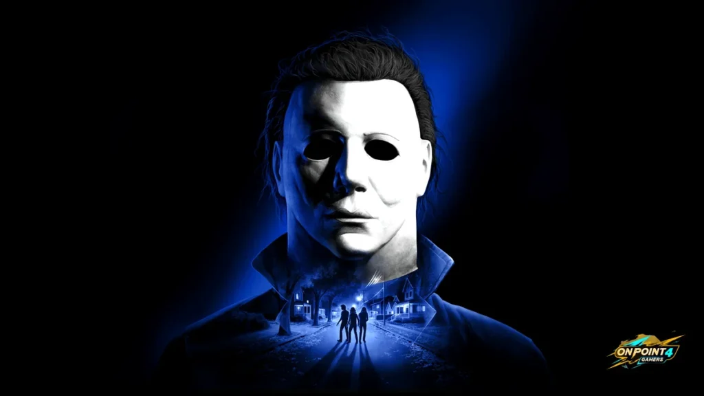 Michael Myers' white mask lit in blue against a black background, with Haddonfield residents silhouetted below, Halloween: The Game key art