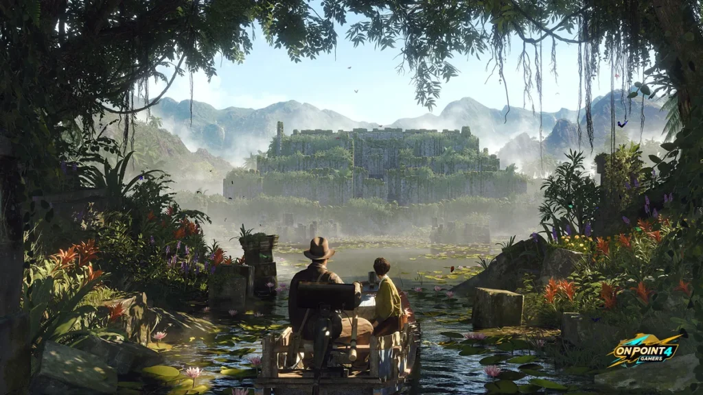 Indiana Jones and a companion ride a boat toward jungle temple ruins in Indiana Jones and the Great Circle