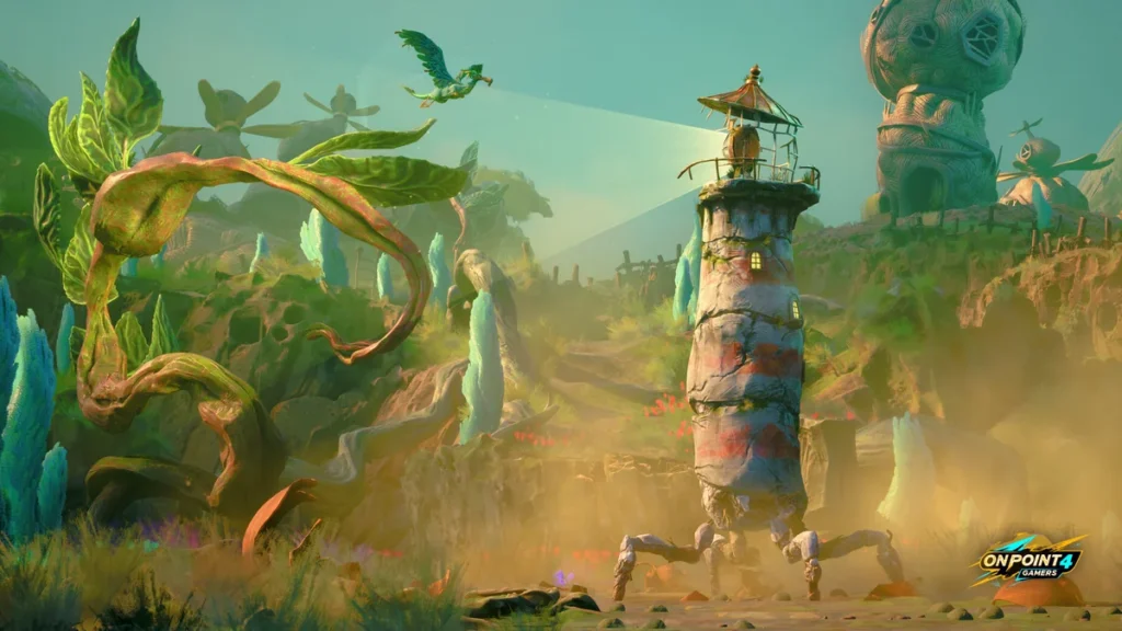 A weathered walking lighthouse on spindly legs crosses a surreal, overgrown island as its seabird companion flies overhead in Keeper