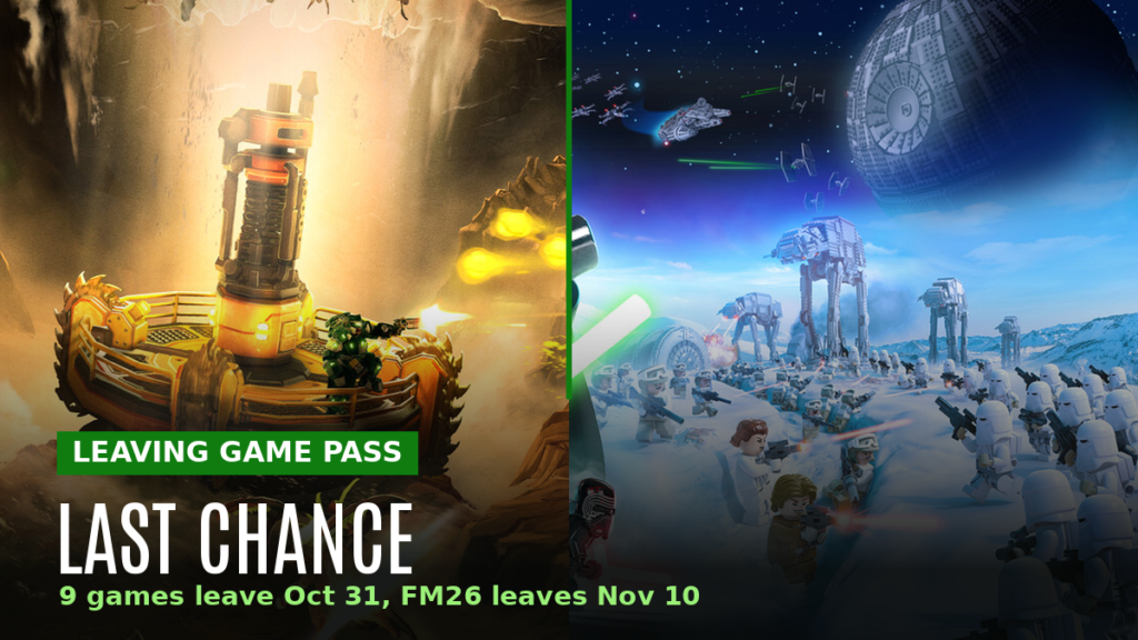 Deep Rock Galactic and Lego Star Wars: The Skywalker Saga key art with the text LEAVING GAME PASS, LAST CHANCE