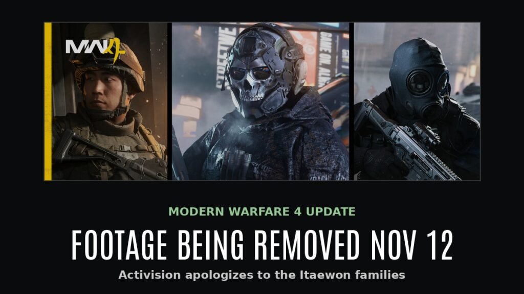 Modern Warfare 4 key art on a dark background with the text FOOTAGE BEING REMOVED NOV 12