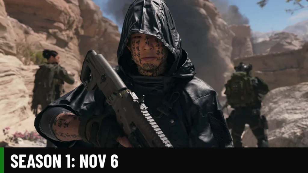 Modern Warfare 4 Season 1 key art of a hooded operator with face tattoos, with a SEASON 1: NOV 6 lower-third