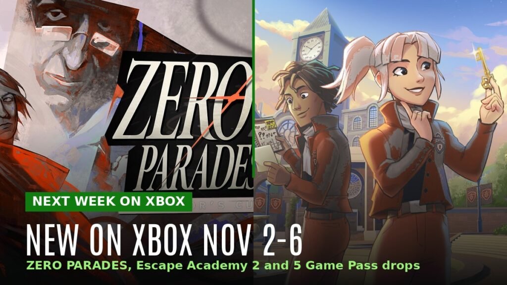 ZERO PARADES: Director's Cut and Escape Academy 2 key art with the text NEW ON XBOX NOV 2-6
