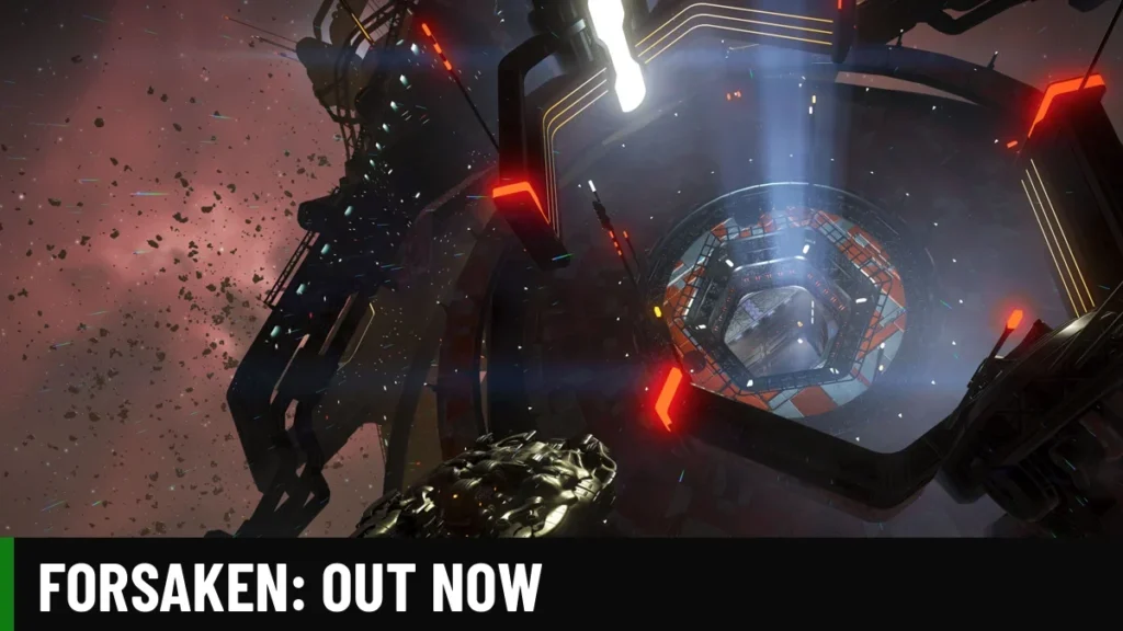 No Man's Sky FORSAKEN screenshot of a ship near a glowing deep-space structure, with FORSAKEN: OUT NOW text