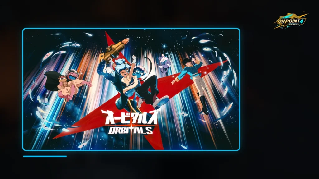 Orbitals key art with two heroes flying through a burst of light beneath the Orbitals logo