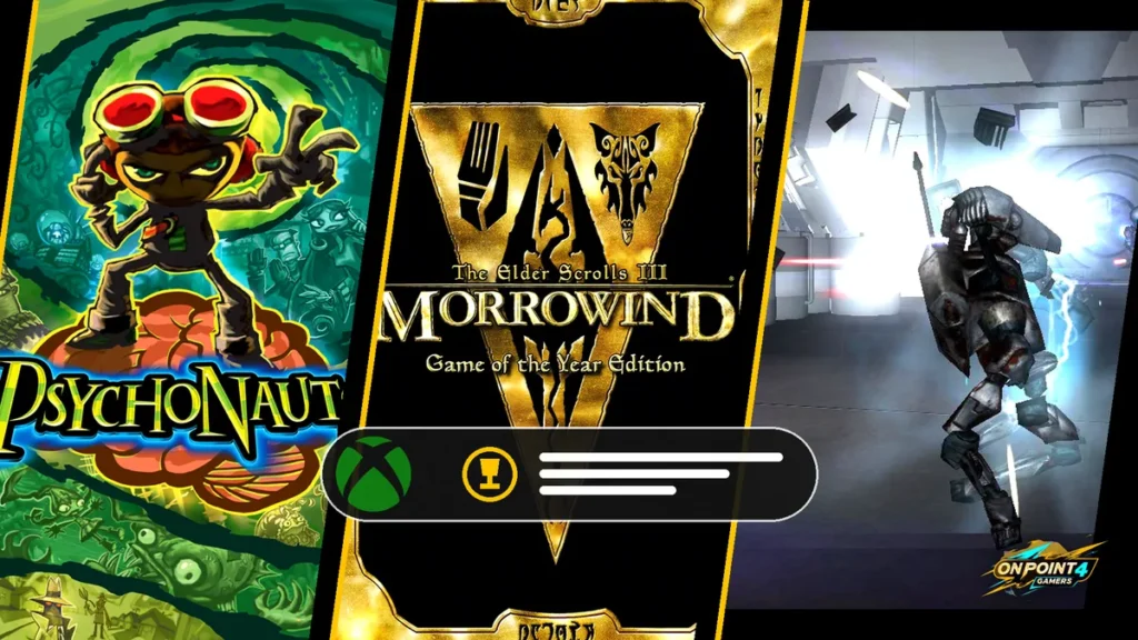 Original Xbox games Psychonauts, Morrowind and Halo with an Xbox achievement pop-up