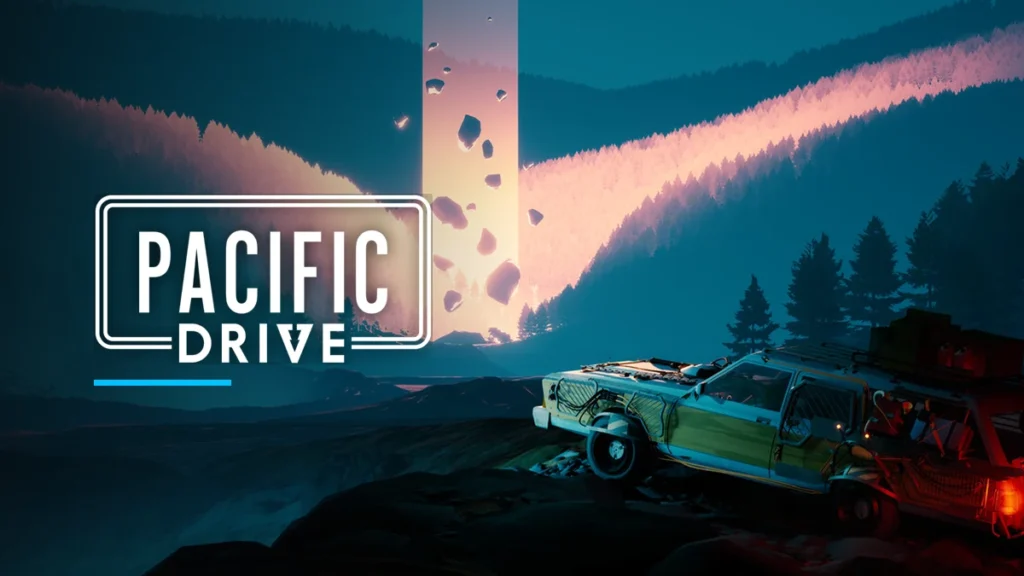 Pacific Drive key art with the station wagon and the game logo