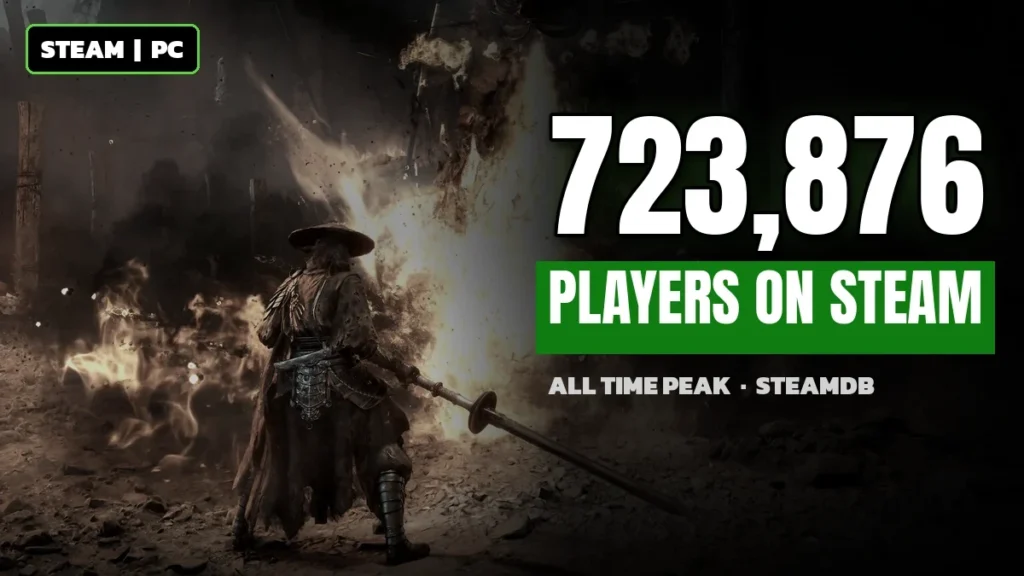 Phantom Blade Zero hero Soul with a sword in a fiery ruined temple, next to 723,876 players on Steam, all time peak