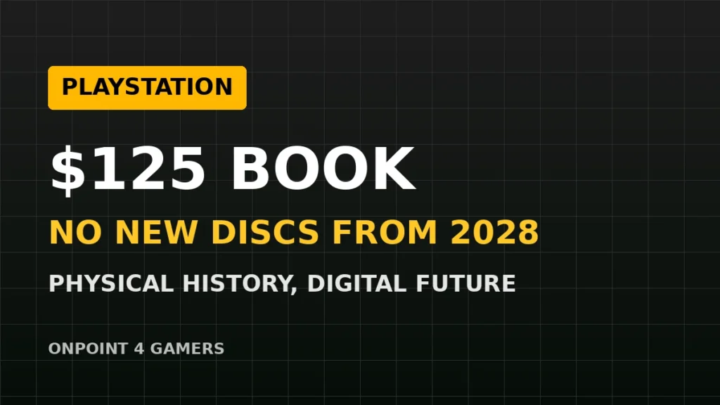 PLAYSTATION label over the words $125 book, no new discs from 2028, on a dark grid background