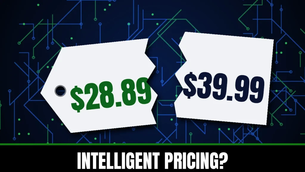 A PlayStation Store-style price tag split in two showing $28.89 and $39.99 over an AI circuit pattern, with a bar reading INTELLIGENT PRICING?