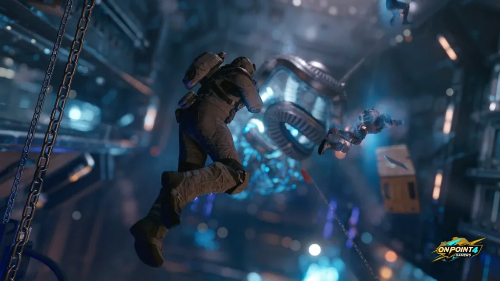 A spacesuited explorer floats through a dark, glowing space station interior in Starfield: Shattered Space