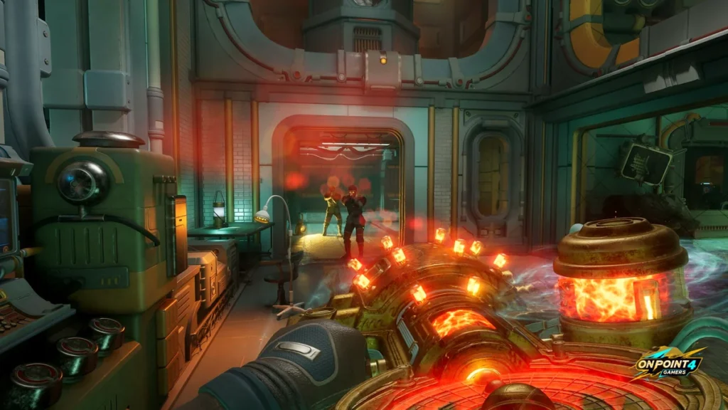 First-person view of a glowing red energy weapon aimed down a retro-futuristic corridor at enemies in The Outer Worlds 2