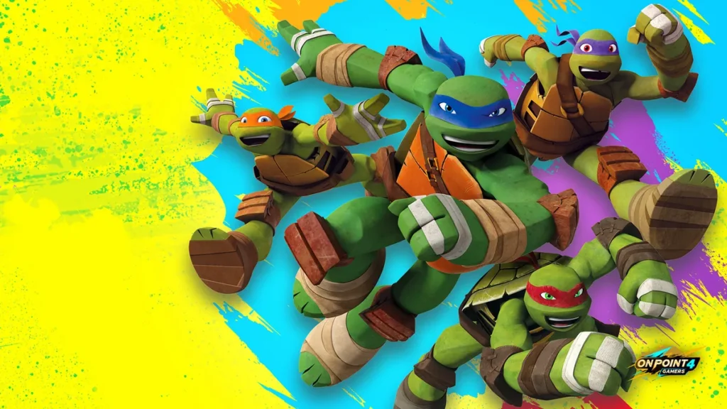 Leonardo, Michelangelo, Donatello and Raphael leap into action over a bright paint-splash background in TMNT Arcade: Wrath of the Mutants