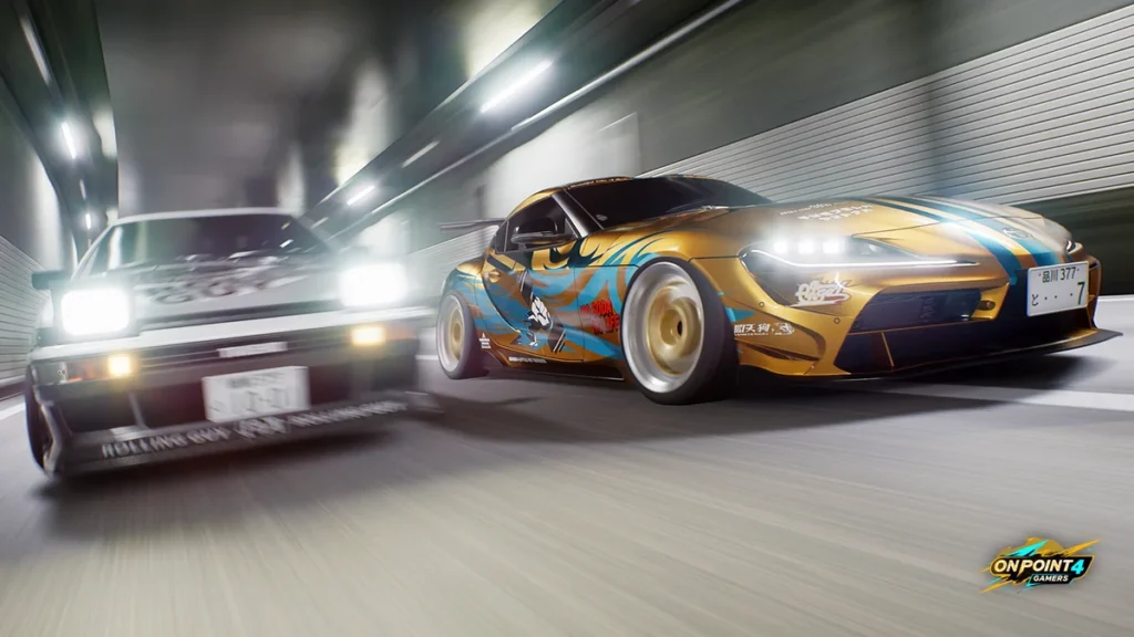 A white sports car and a gold and blue liveried car race side by side through a lit highway tunnel in Tokyo Xtreme Racer