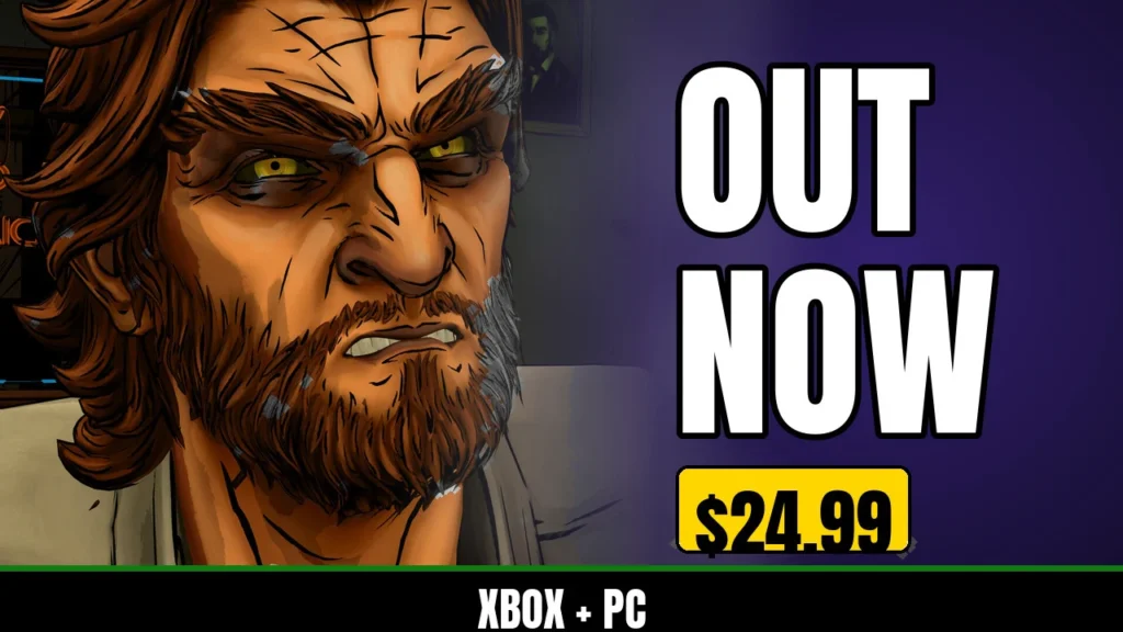 Bigby Wolf with yellow eyes from The Wolf Among Us Remastered on an indigo background, with OUT NOW text, a yellow $24.99 tag and a bar reading XBOX + PC