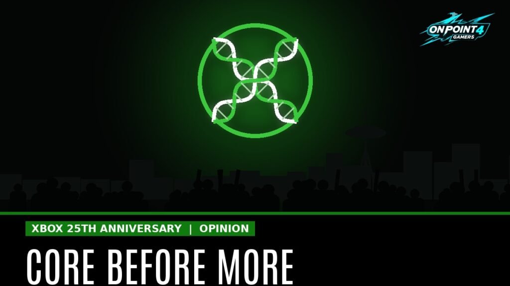 Glowing Xbox green double helix X emblem above a Seattle skyline crowd with the text CORE BEFORE MORE