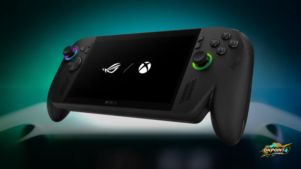 Black ROG Xbox Ally X handheld with the ROG and Xbox logos on its screen and glowing RGB thumbsticks, floating over a dark teal background