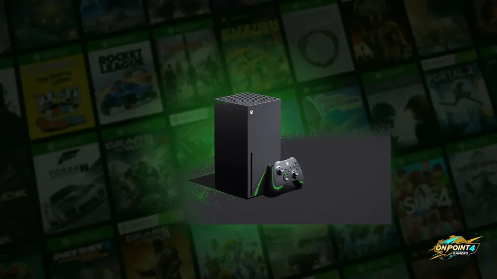 Xbox Series X and controller in front of a wall of Xbox game cases